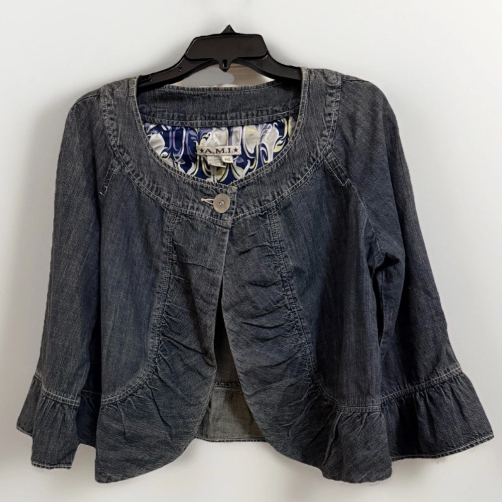 A.M.I. Women’s PXL Cropped Denim Jacket Ruffle Hem Bell Sleeve Boho